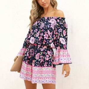 Vici Kaycie Floral Off the Shoulder Pink Black Romper NEW